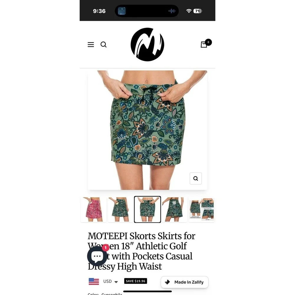 Moteepi Pull On‎ Golf Pickleball Skort Skirt w Shorts Small Pockets Green Floral